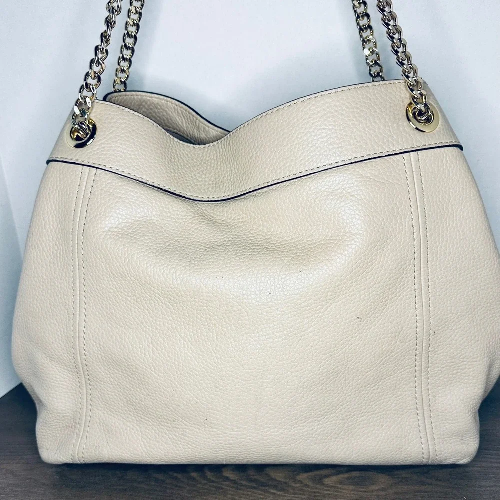 Michael Kors Beige Pebbled Leather Shoulder‎ Bag Gold Chain Strap Tote Jet Set
